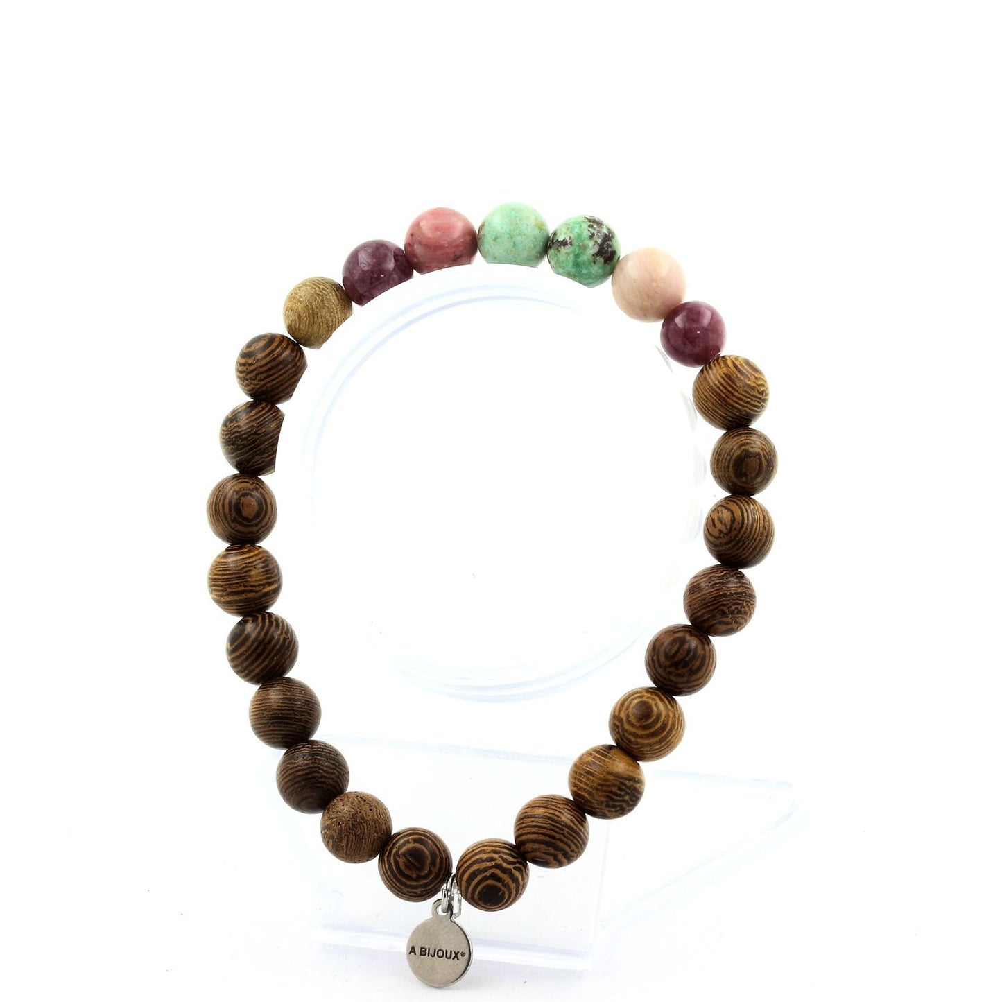 Chrysocolle de Namibie + Lépidolite + Rhodonite + bois. Bracelet Perles naturelles