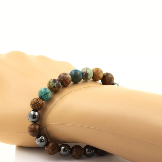 Chrysocolle de Namibie + Perles Hématite + bois. Bracelet en Perles naturelles