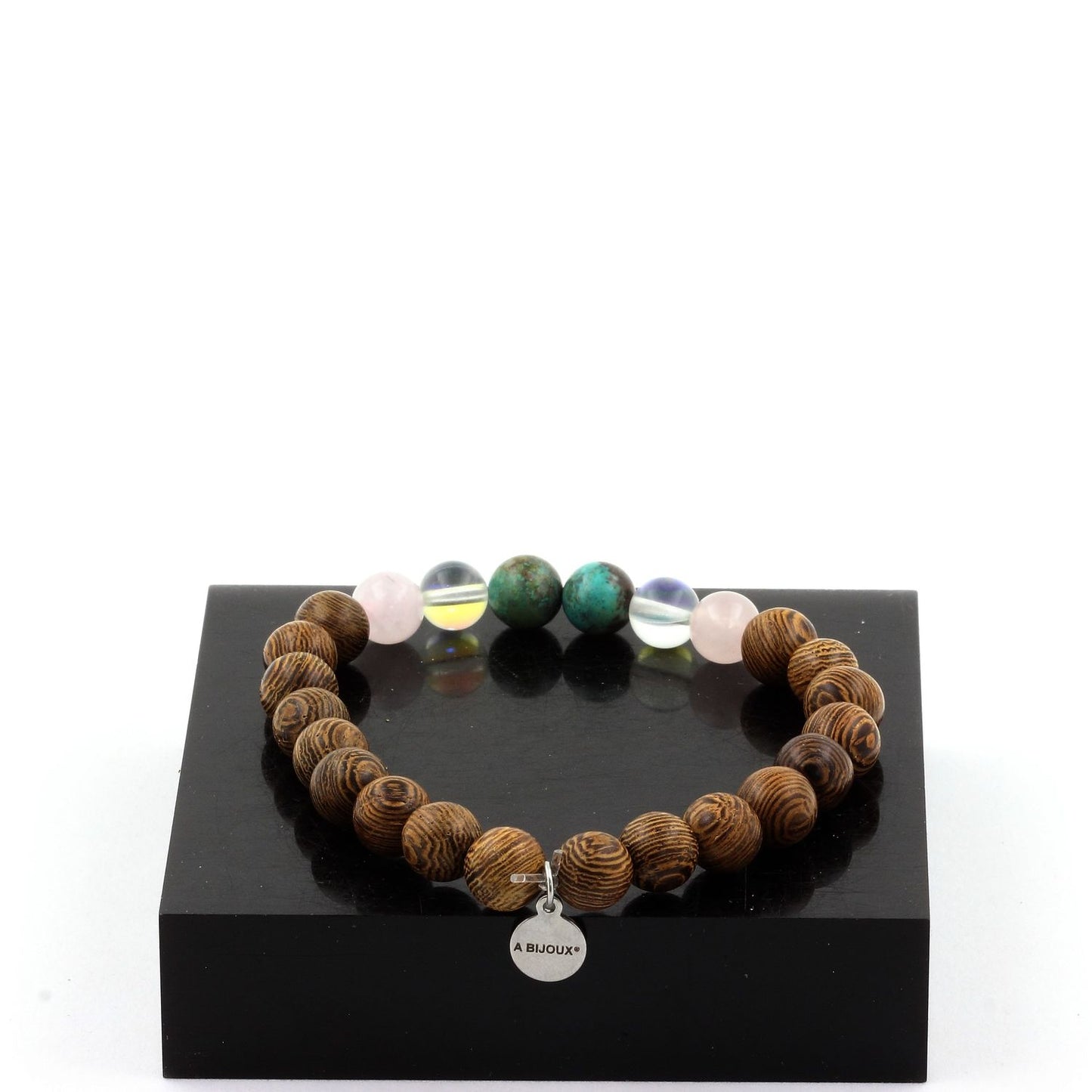 Chrysocolle de Namibie + Quartz Titane + Quartz rose + bois. Bracelet Perles naturelles