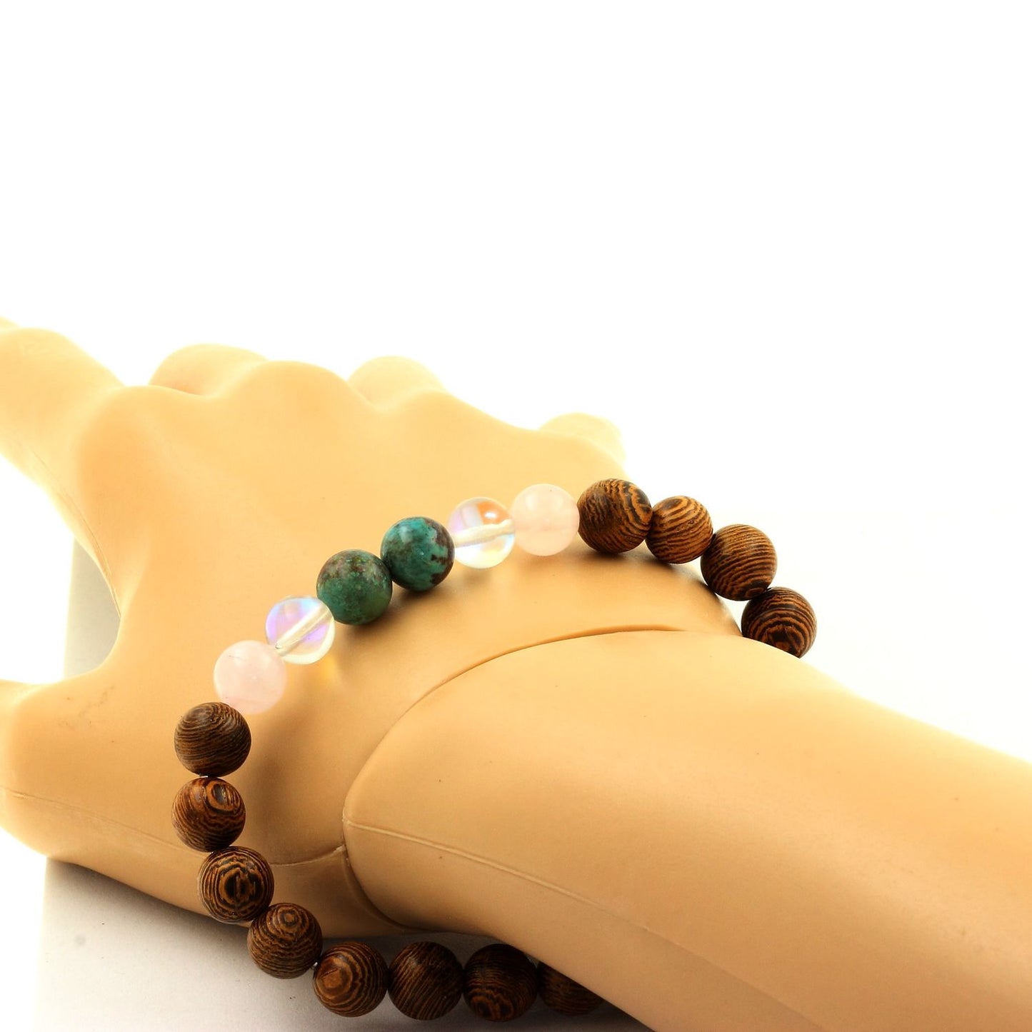 Chrysocolle de Namibie + Quartz Titane + Quartz rose + bois. Bracelet Perles naturelles