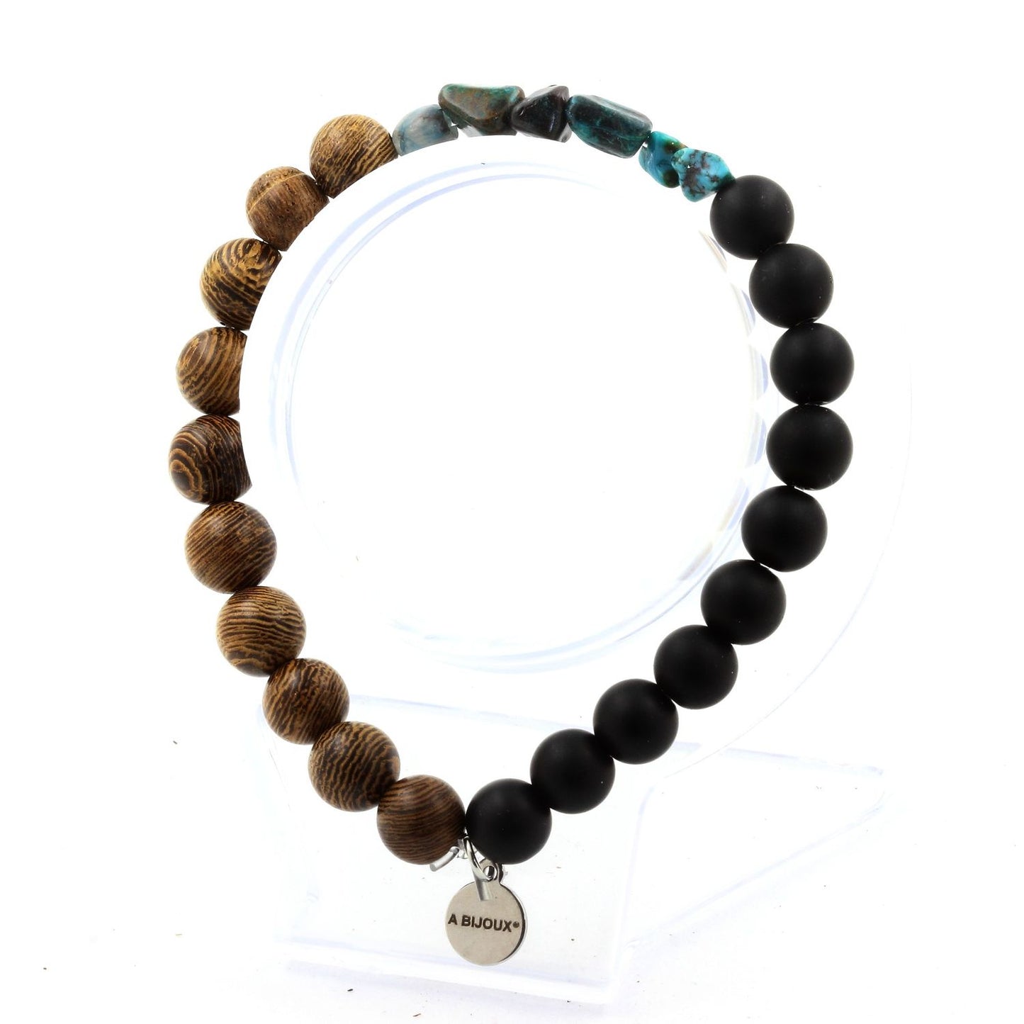 Chrysocolle des USA + Perles Onyx noir mat + bois. Bracelet en Perles naturelles