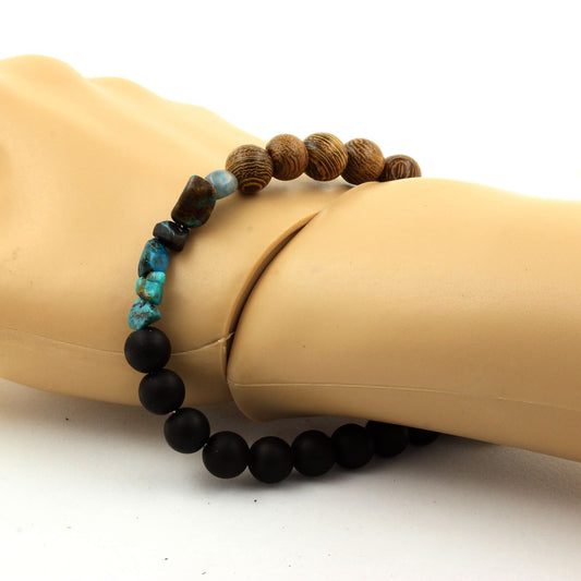 Chrysocolle des USA + Perles Onyx noir mat + bois. Bracelet en Perles naturelles