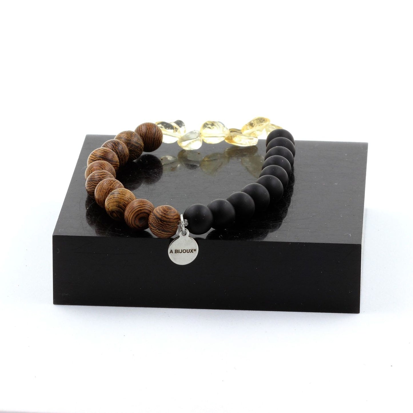 Citrine du Brésil + Perles Onyx noir mat + bois. Bracelet en Perles naturelles