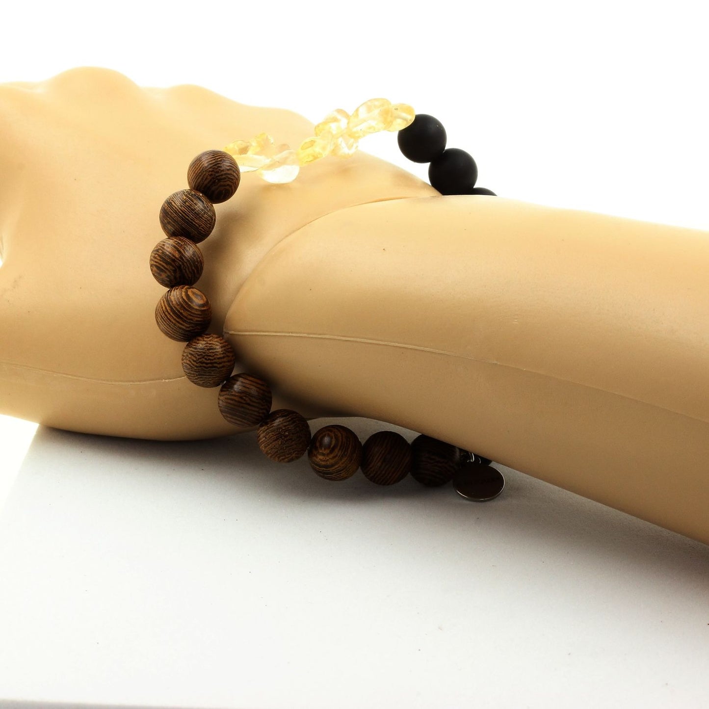 Citrine du Brésil + Perles Onyx noir mat + bois. Bracelet en Perles naturelles