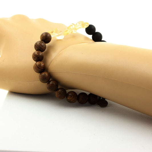 Citrine du Brésil + Perles Onyx noir mat + bois. Bracelet en Perles naturelles