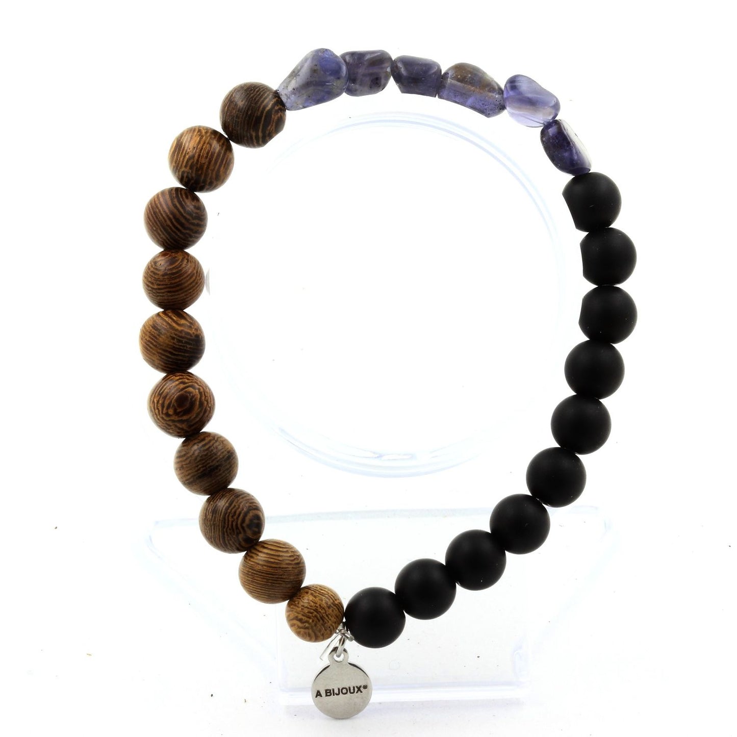 Cordierite Iolite de Madagascar + Perles Onyx noir mat + bois. Bracelet en Perles naturelles