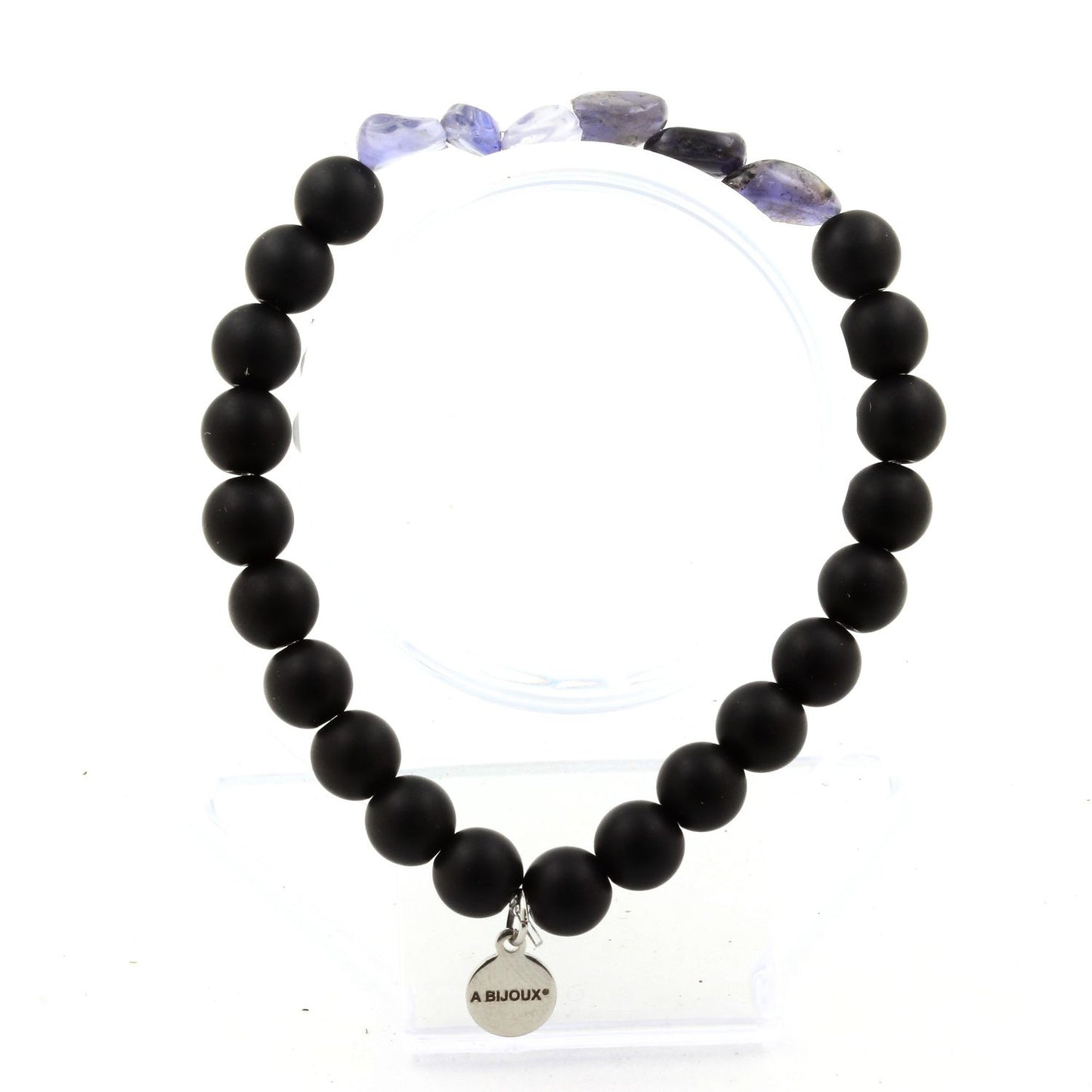 Cordierite Iolite de Madagascar + Perles Onyx noir mat. Bracelet en Perles naturelles