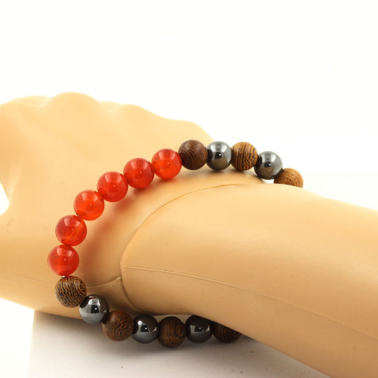 Cornaline d'Uruguay + Hématite + bois. Bracelet en Perles naturelles