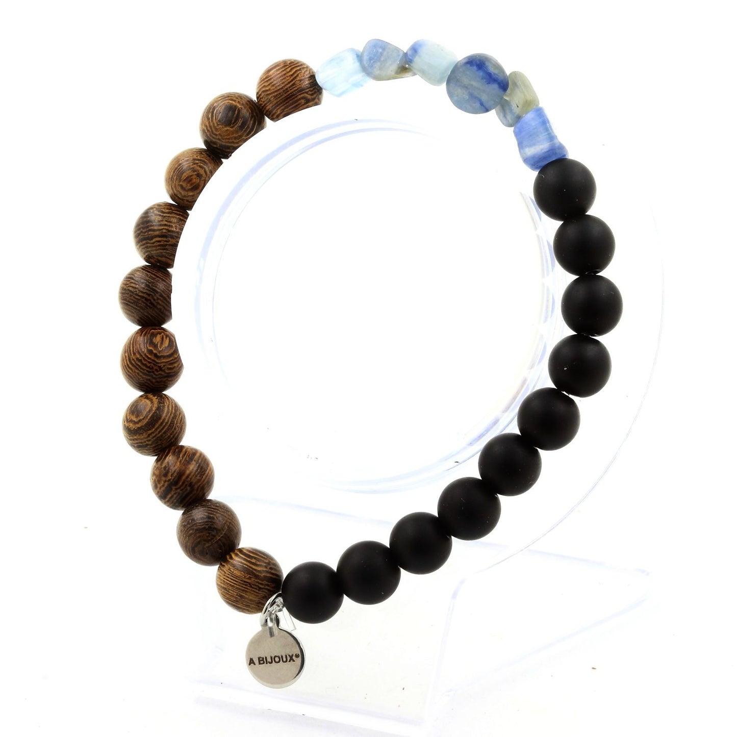 Cyanite bleu du Brésil + Perles Onyx noir mat + bois. Bracelet Perles