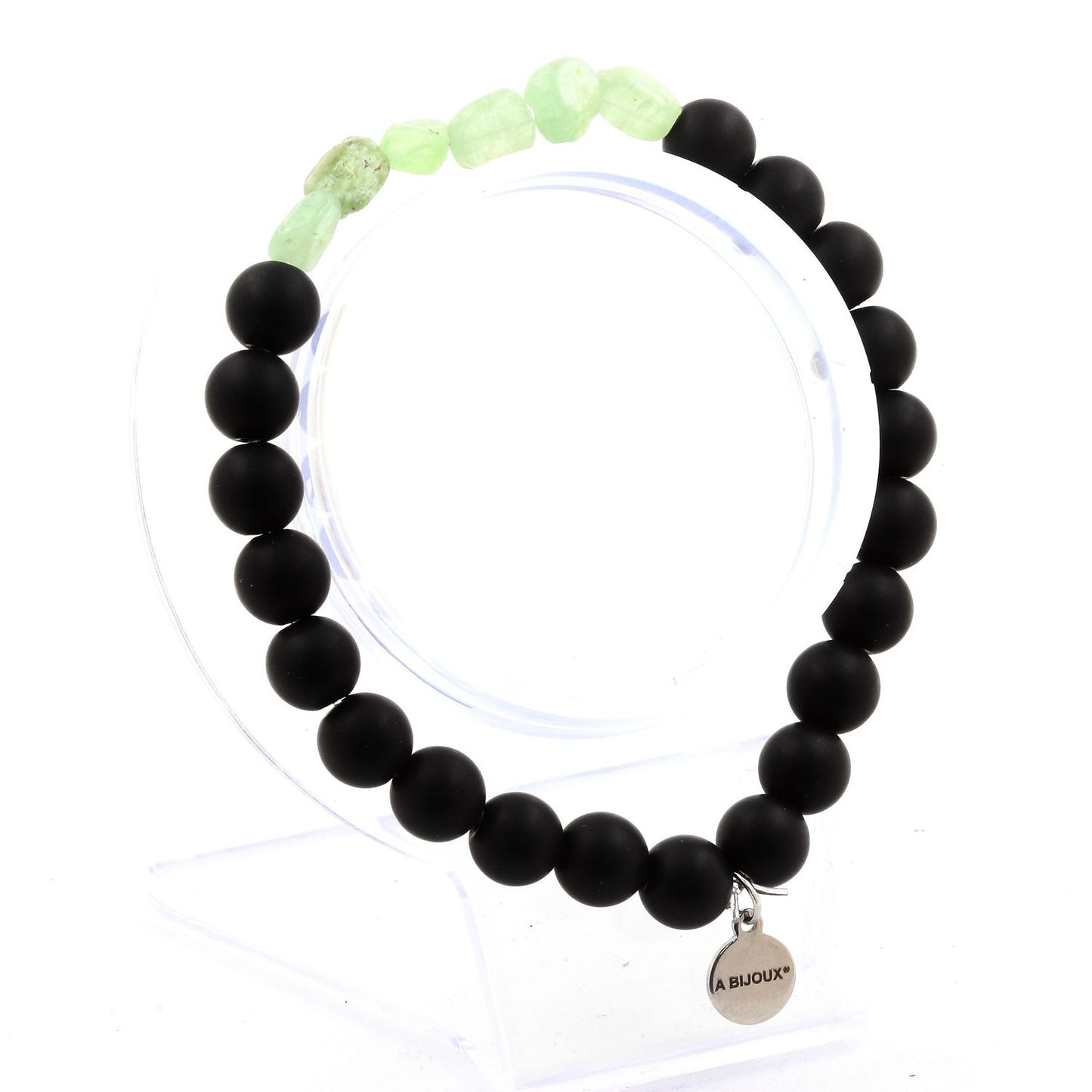 Cyanite verte du Brésil + Perles Onyx noir mat. Bracelet Perles