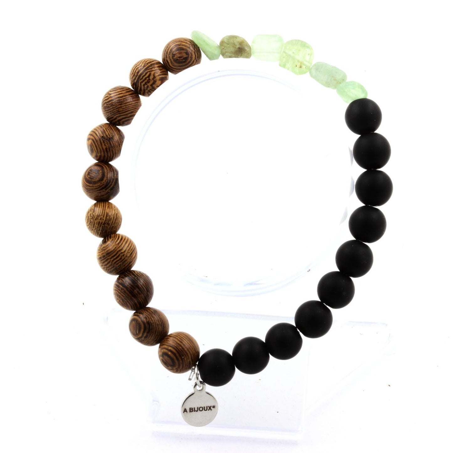 Cyanite verte du Brésil + Perles Onyx noir mat + bois. Bracelet Perles