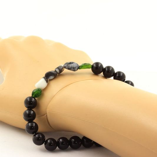 Diopside du Brésil + Jaspe zèbre du Brésil + Perles Agate noire. Bracelet en Perles naturelles