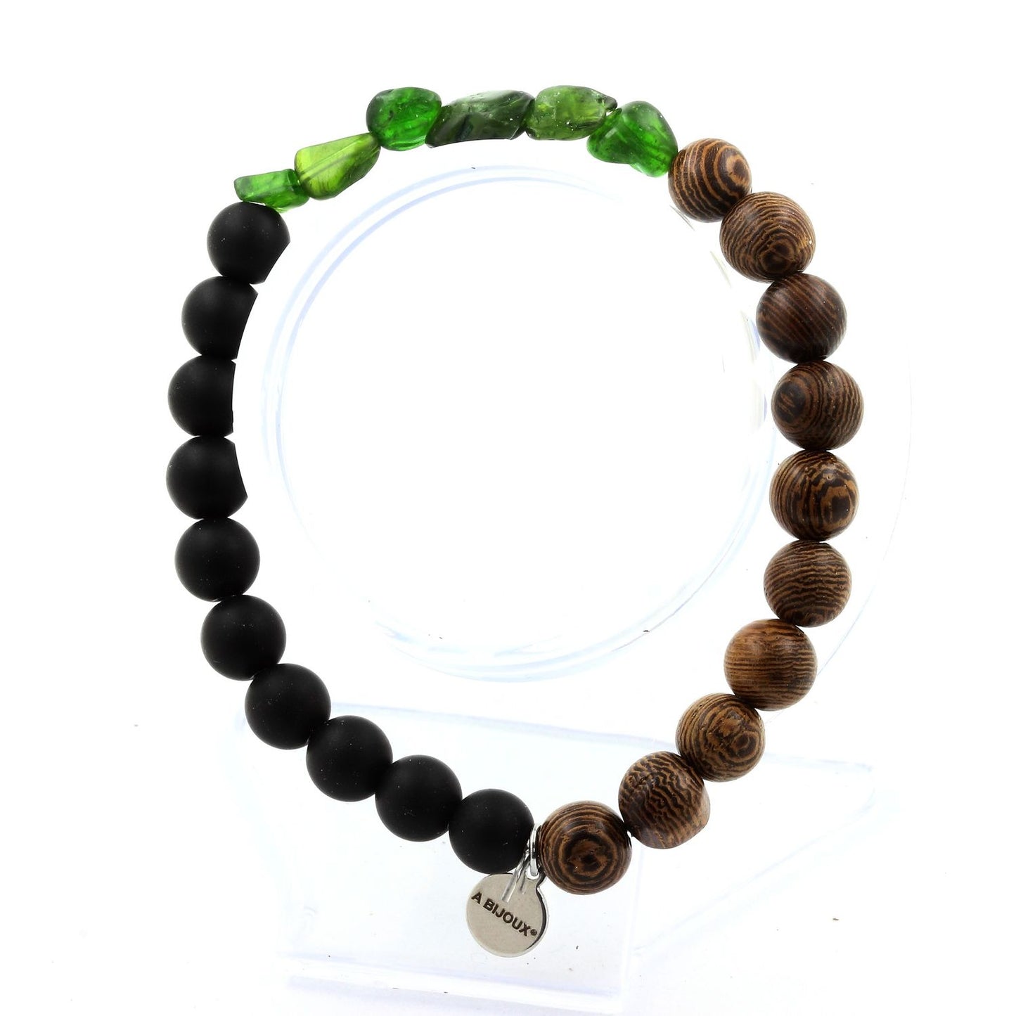 Diopside du Brésil + Perles Onyx noir mat + bois. Bracelet Perles