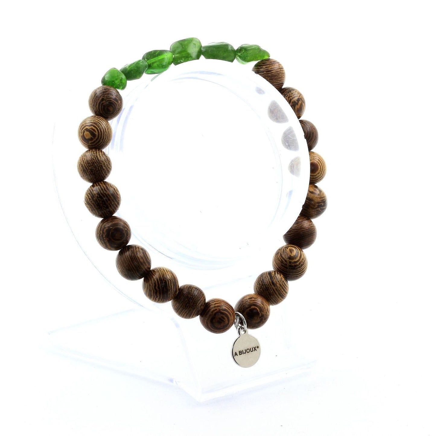 Diopside du brésil + Perles bois. Bracelet en Perles naturelles