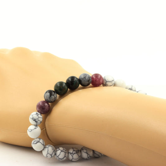 Emeraude de Zambie + Lépidolite + Obsidienne Flocon de Neige + Howlite. Bracelet Perles naturelles