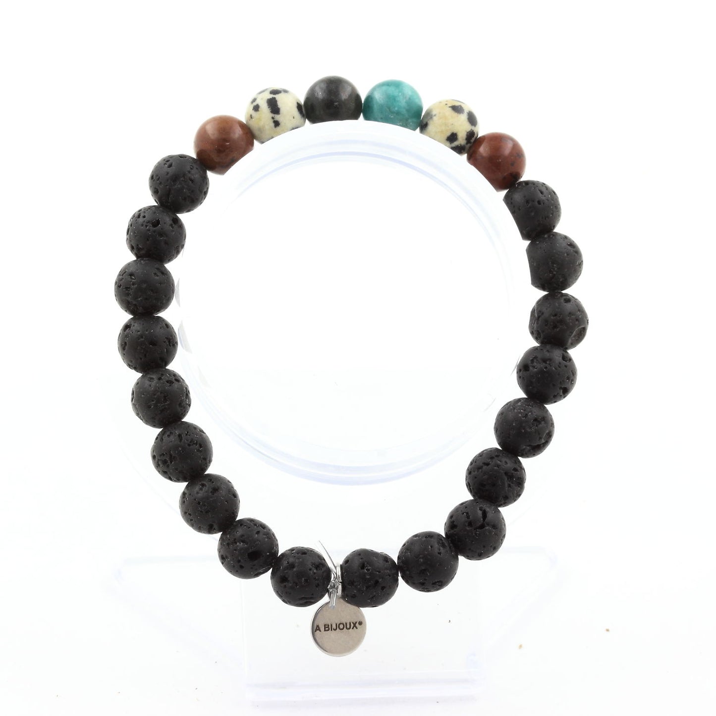 Emeraude de Zambie + Obsidienne Mahogany + Jaspe Dalmatien + Lave. Bracelet Perles naturelles