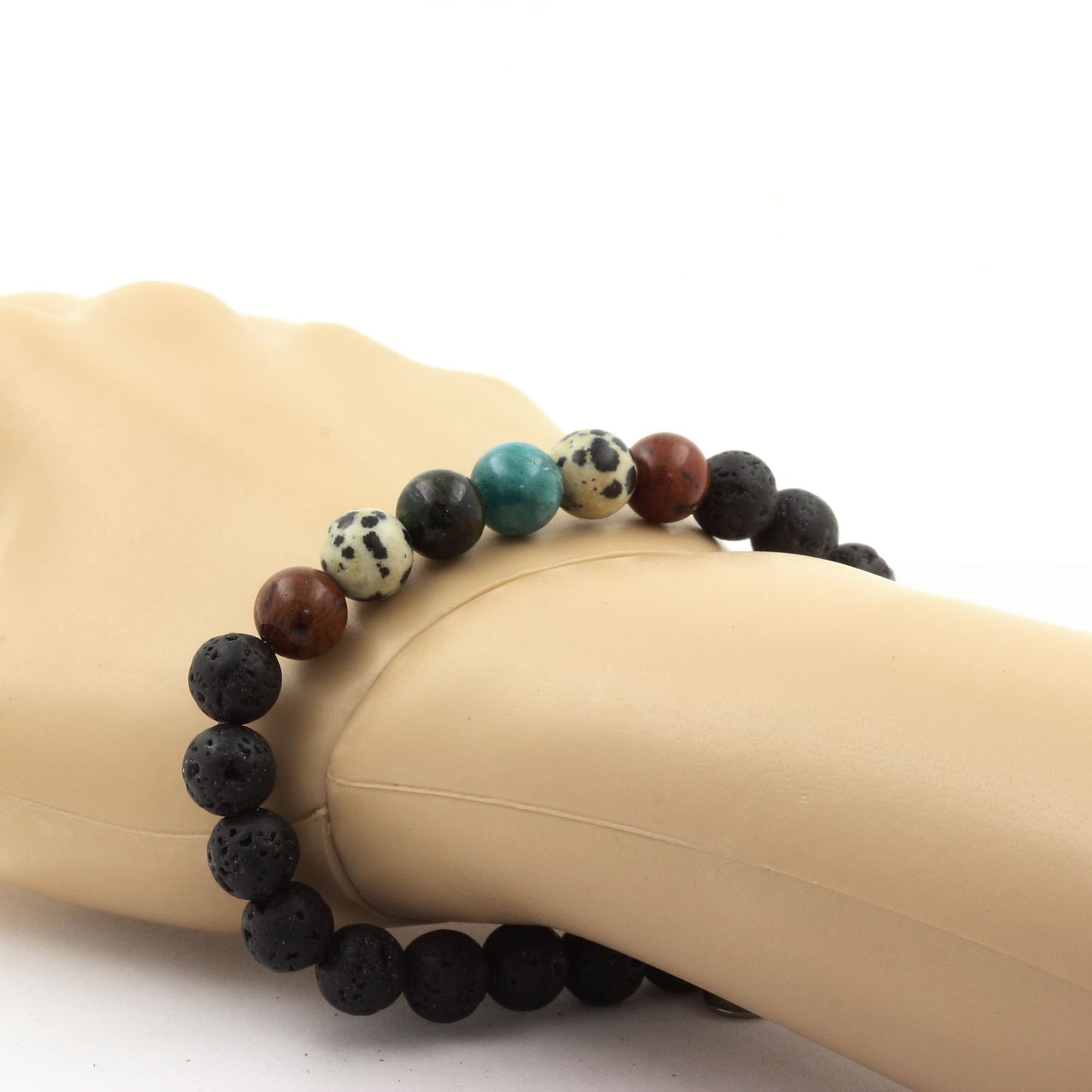 Emeraude de Zambie + Obsidienne Mahogany + Jaspe Dalmatien + Lave. Bracelet Perles naturelles