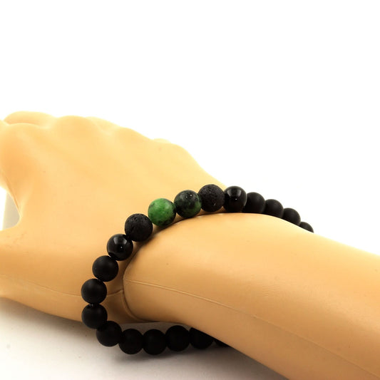 Epidote d'Australie + Agate noire + Lave + Onyx noir mat. Bracelet Perles naturelles