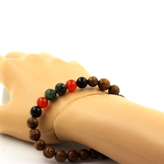 Epidote d'Australie + Cornaline d'Uruguay + Agate noire + bois. Bracelet Perles naturelles