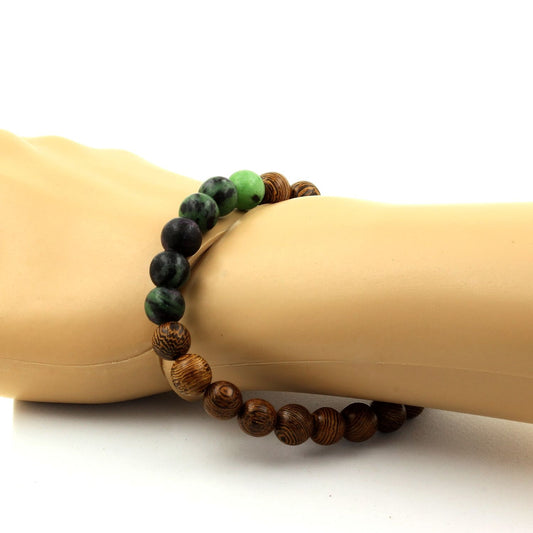 Epidote d'Australie + bois. Bracelet Perles