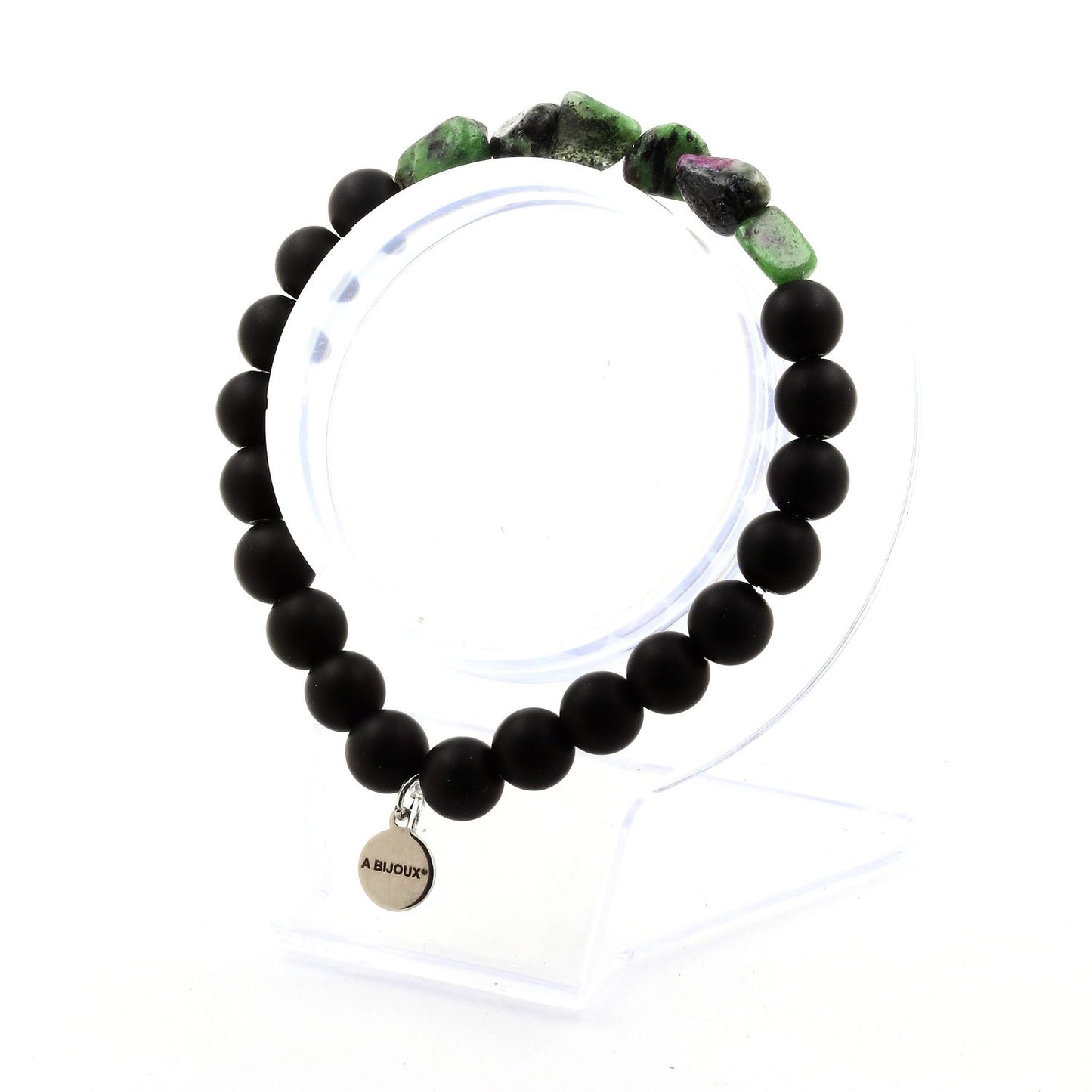 Epidote de Birmanie + Perles Onyx noir mat. Bracelet en Perles naturelles