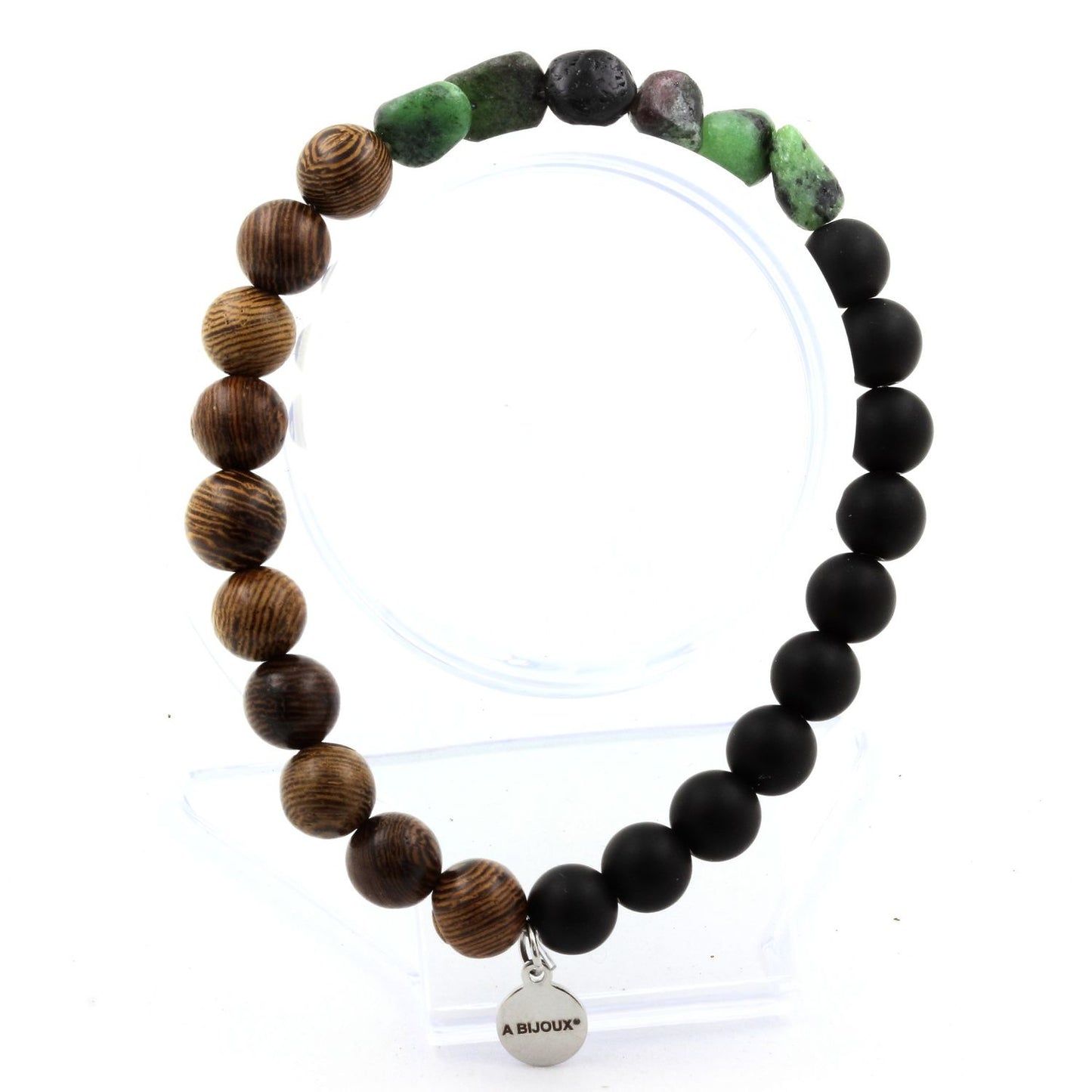 Epidote de Birmanie + Perles Onyx noir mat + bois. Bracelet Perles