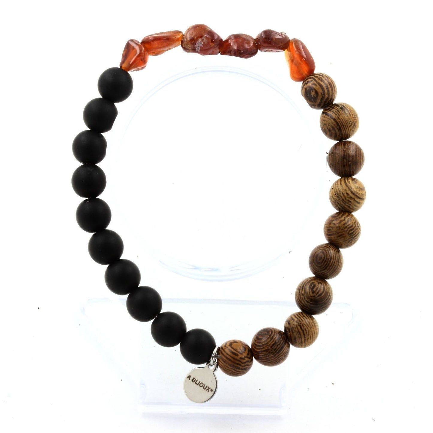 Grenat Spessartite du Mozambique + Perles Onyx noir mat + bois. Bracelet Perles
