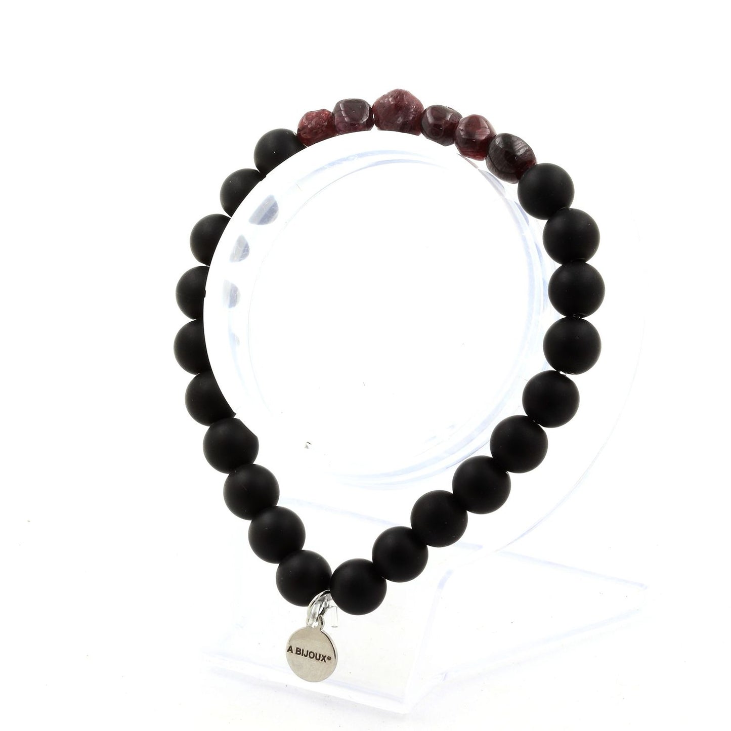 Grenat du Mozambique + Perles Onyx noir mat. Bracelet en Perles naturelles