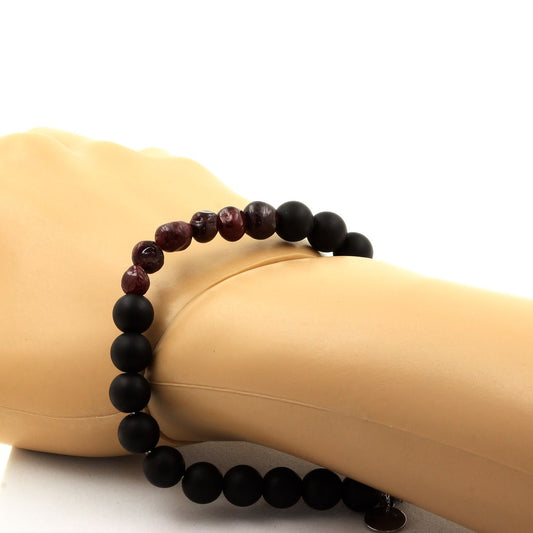 Grenat du Mozambique + Perles Onyx noir mat. Bracelet en Perles naturelles