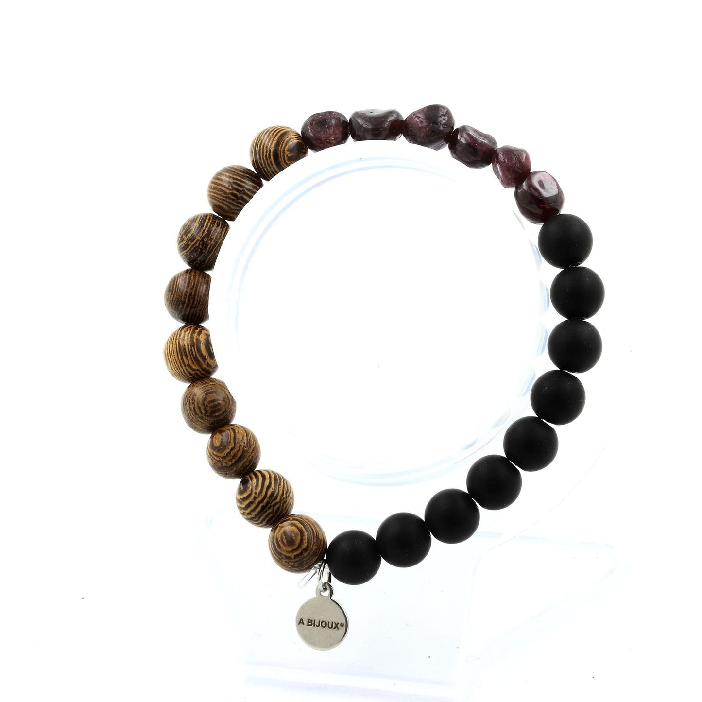 Grenat du Mozambique + Perles Onyx noir mat + bois. Bracelet en Perles naturelles