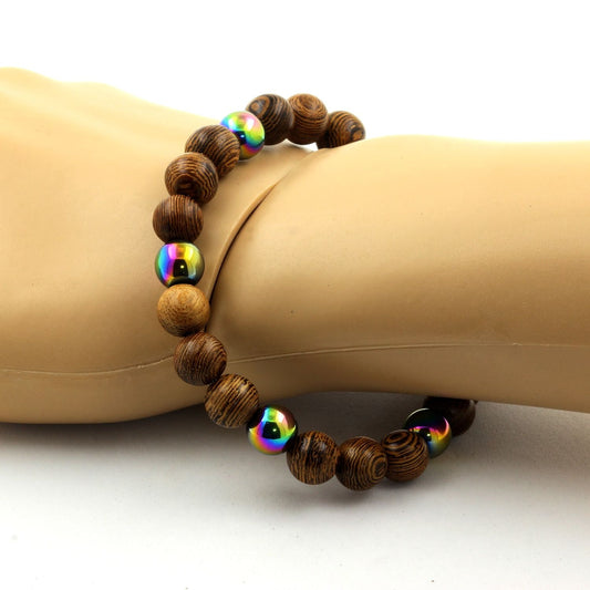 Hématite multicolore + bois. Bracelet Perles naturelles