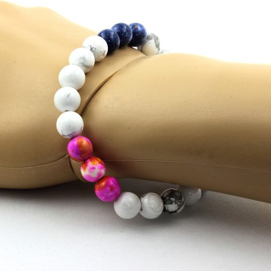 Howlite + Jaspe violet bleu + Jaspe rose jaune + Jaspe bleu. Bracelet en Perles naturelles