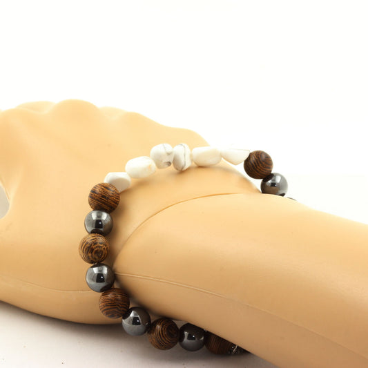 Howlite des USA + Perles Hématite + bois. Bracelet en Perles naturelles