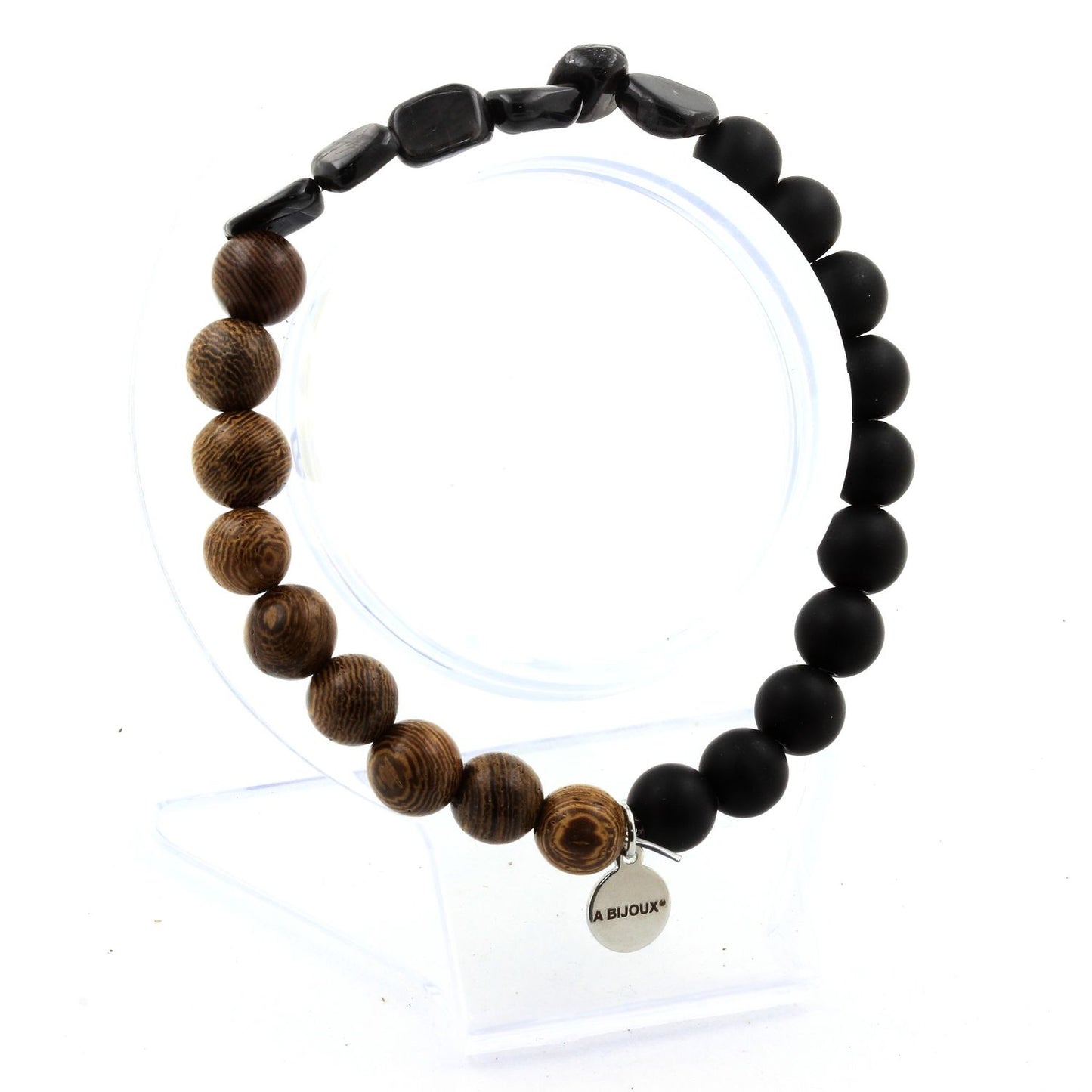 Hypersthène d'Égypte + Perles Onyx noir mat + bois. Bracelet en Perles naturelles