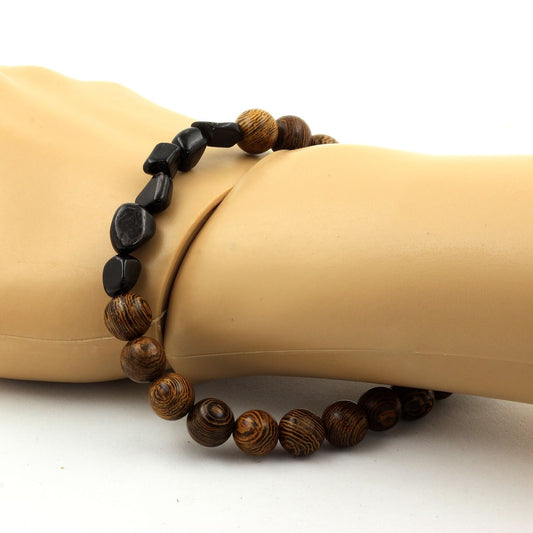 Hypersthène d'Égypte + Perles bois. Bracelet Perles