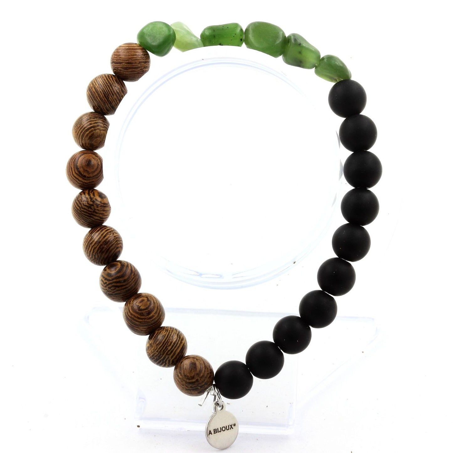 Jade Néphrite de Sibérie (Russie) + Perles Onyx noir mat + bois. Bracelet Perles