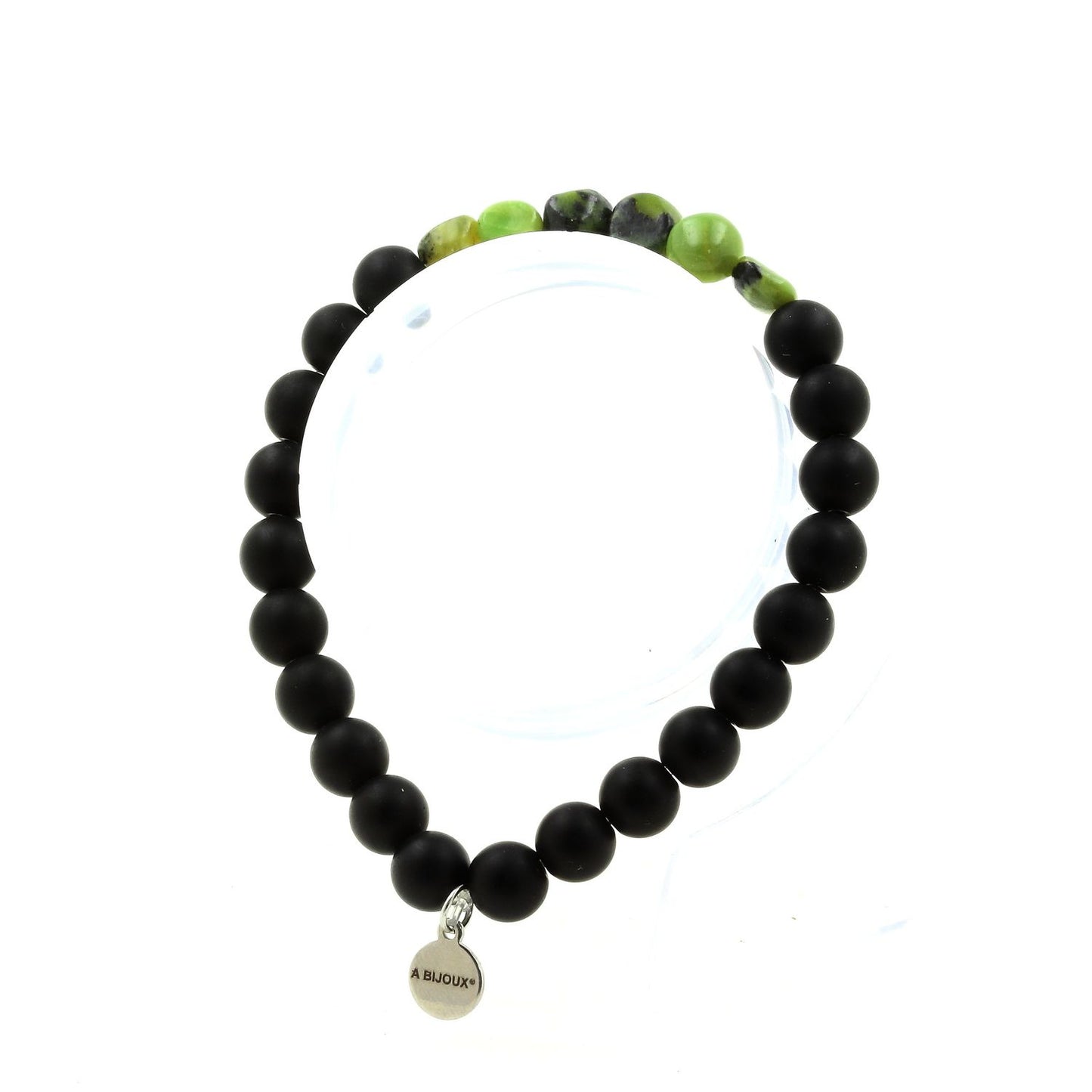 Jade Nephrite de Xiuyan Chine + Perles Onyx noir mat. Bracelet en Perles naturelles