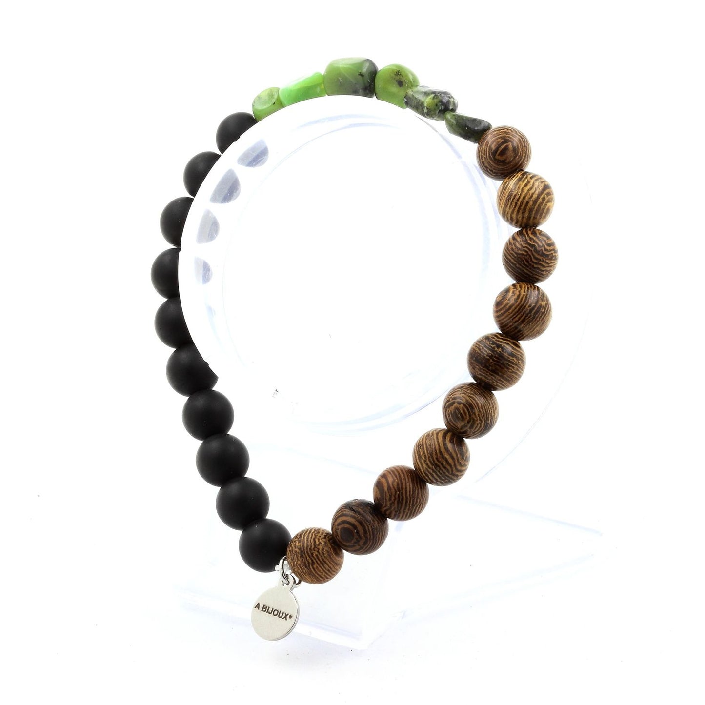 Jade Nephrite de Xiuyan Chine + Perles Onyx noir mat + bois. Bracelet en Perles naturelles