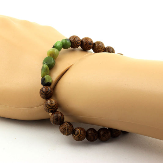 Jade Nephrite de Xiuyan Chine + Perles bois. Bracelet en Perles naturelles