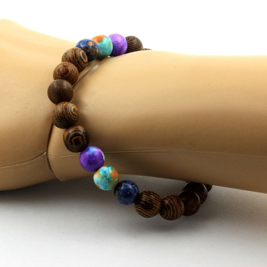 Jaspe bleu + Jaspe violet bleu + Jaspe orange bleu + bois. Bracelet en Perles naturelles
