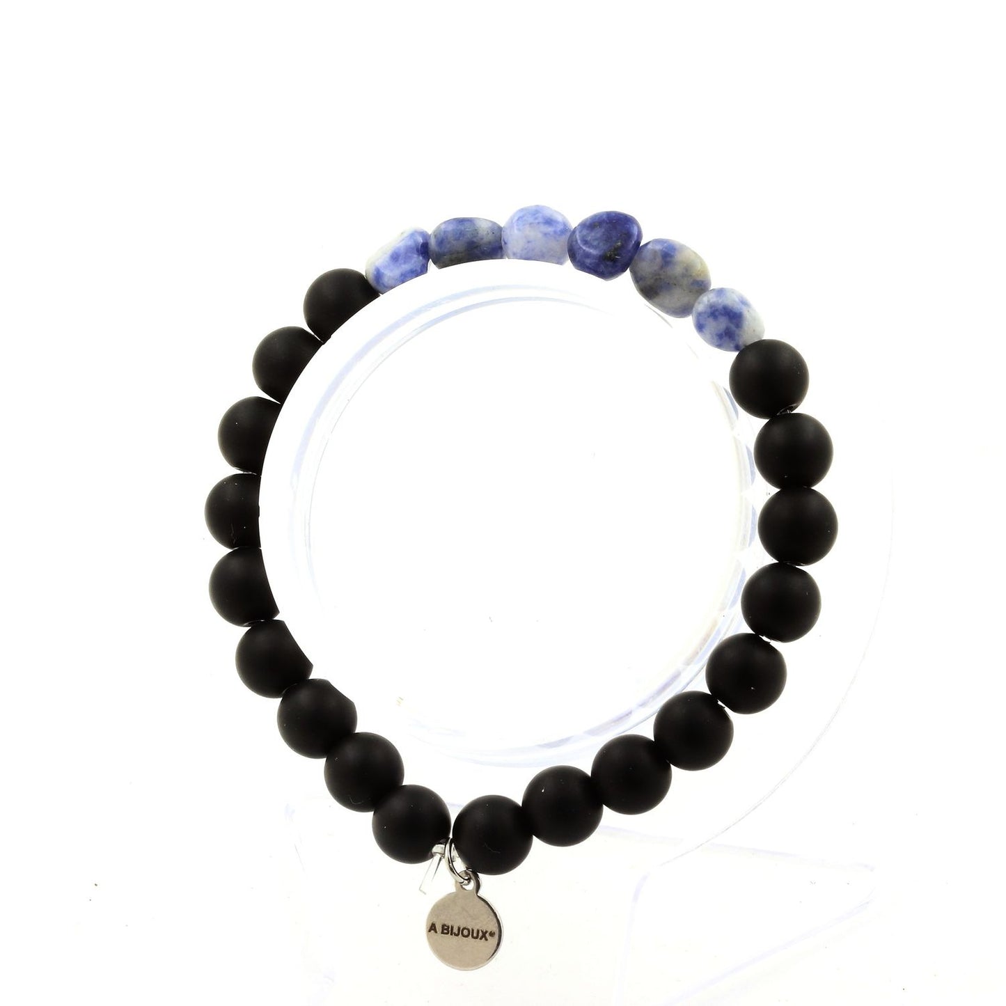 Jaspe bleu d'Afrique du Sud + Perles Onyx noir mat. Bracelet en Perles naturelles