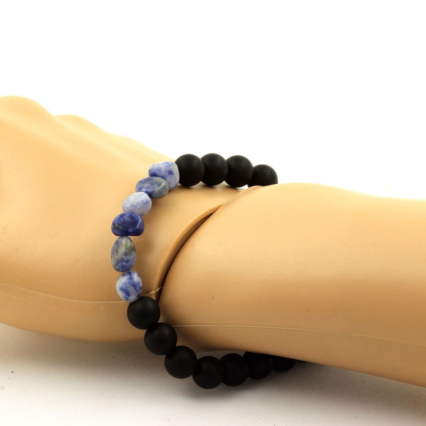 Jaspe bleu d'Afrique du Sud + Perles Onyx noir mat. Bracelet en Perles naturelles