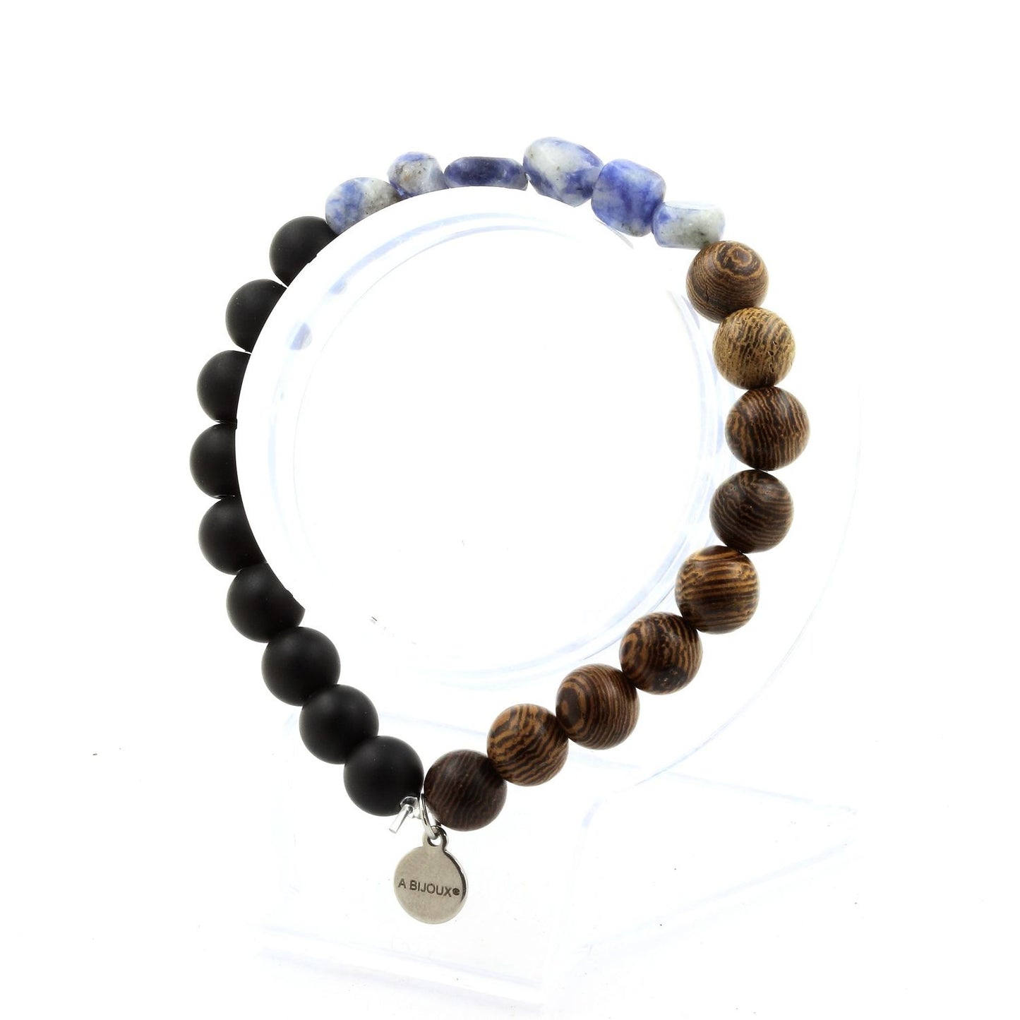 Jaspe bleu d'Afrique du Sud + Perles Onyx noir mat + bois. Bracelet en Perles naturelles