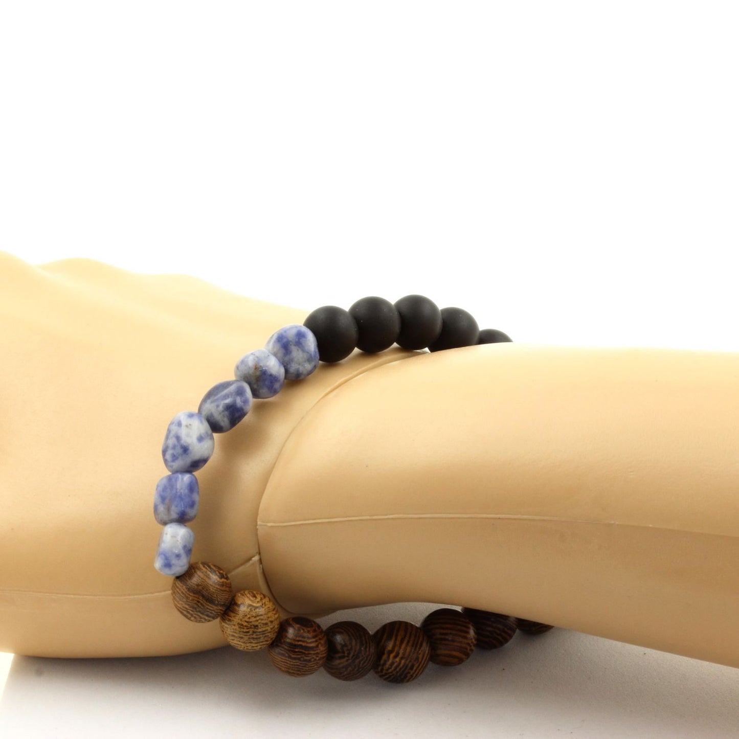 Jaspe bleu d'Afrique du Sud + Perles Onyx noir mat + bois. Bracelet en Perles naturelles