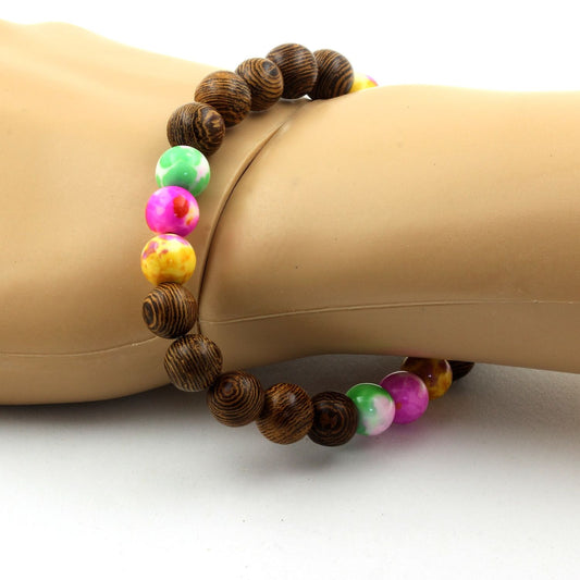Jaspe vert rose + Jaspe jaune violet + Jaspe rose jaune + bois. Bracelet en Perles naturelles