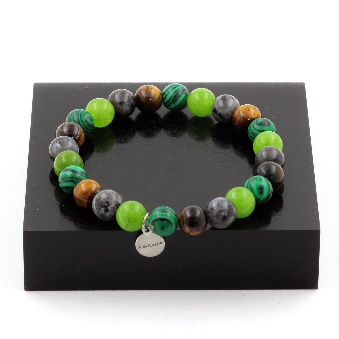 Labradorite + Péridot + Oeil de Tigre + Malachite (avec résine). Bracelet Perles naturelles