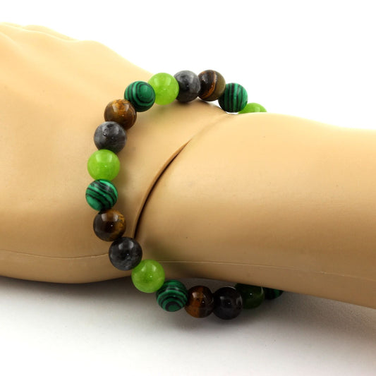 Labradorite + Péridot + Oeil de Tigre + Malachite (avec résine). Bracelet Perles naturelles