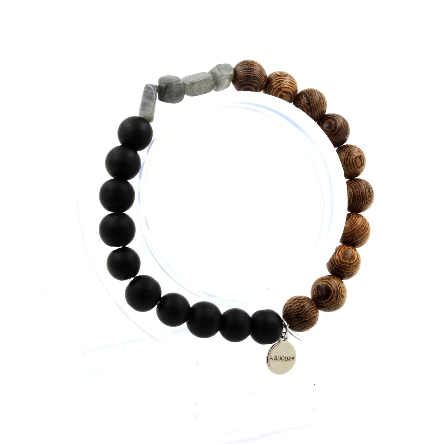 Labradorite de Finlande + Perles Onyx noir mat + bois. Bracelet en Perles naturelles