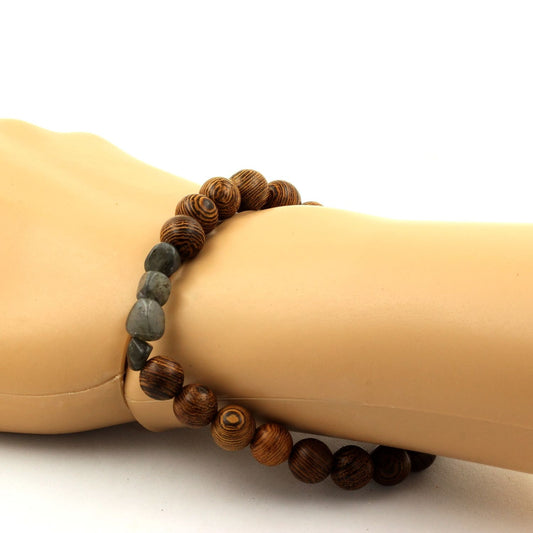 Labradorite de Finlande + Perles bois. Bracelet en Perles naturelles