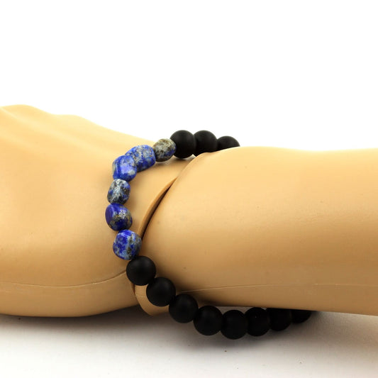 Lapis Lazuli du Pakistan + Perles Onyx noir mat. Bracelet en Perles naturelles